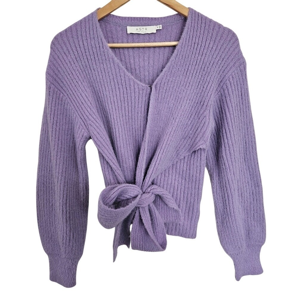 ASTR Lavender Purple Fuzzy Ribbed Knit Wool Blend Wrap Front Sweater